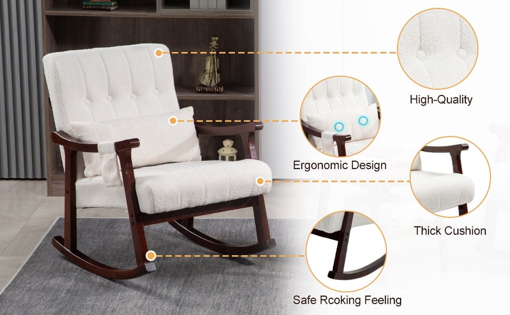 Rocking Chair with Massage Lumbar Support,Upholstered Glider Chair with Side Pocket, Nursery Rocker with High Backrest,Rubber Wood Legs, Rocking Accent Armchair for Living Room Bedroom Nursery