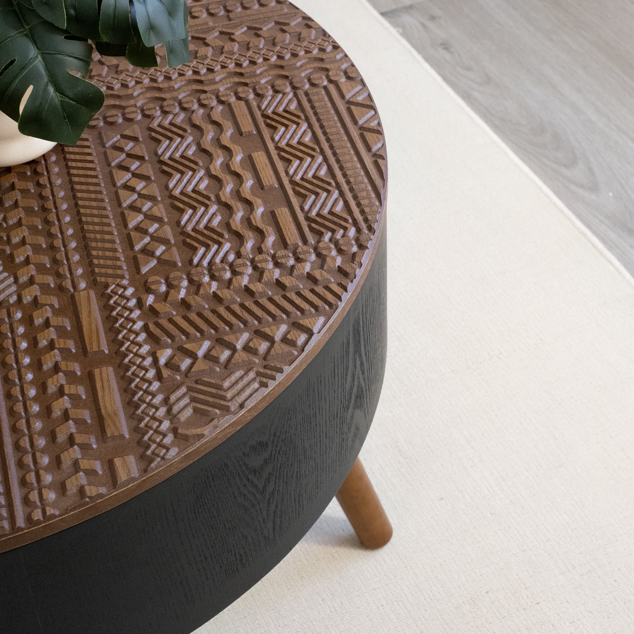 Noble House Tappen 31.5" Round Coffee Table with Engraved Top, American Wood Side Table for Small Spaces, Black
