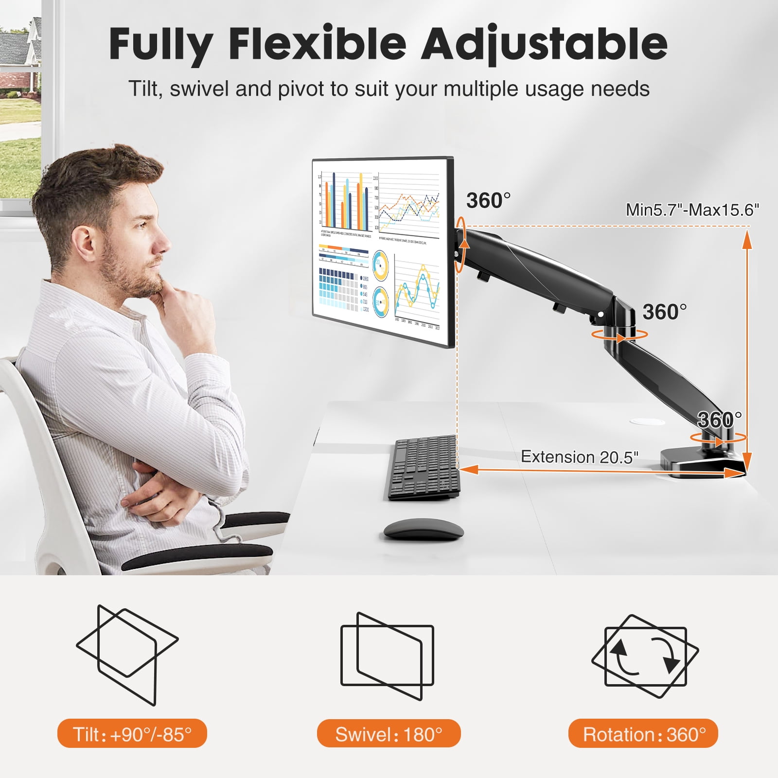 GIANNA Single Monitor Mount, With Clamp and Grommet Base, Fits 4.4 to 15.4 LBS Vesa 75 100 x 100, For Wide 15 to 27 Inch Screen