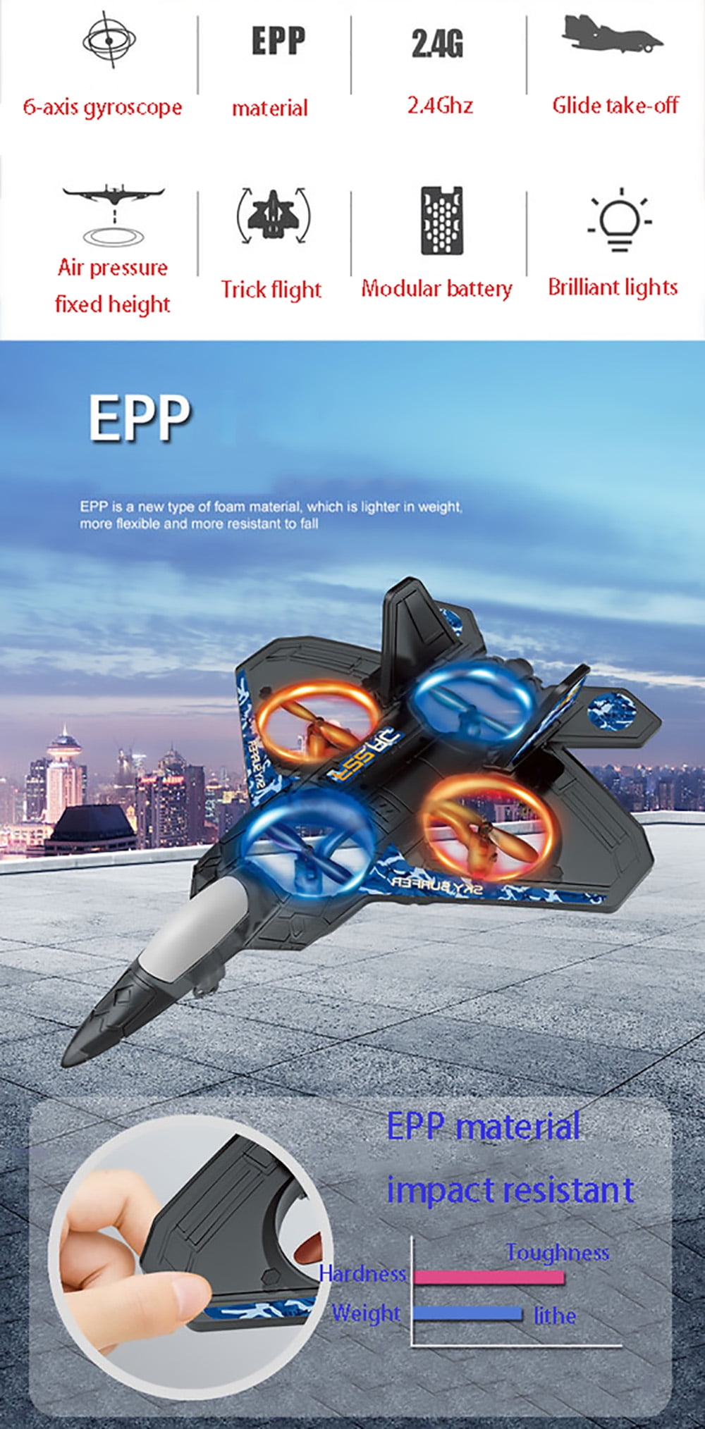 F-22 Fighter Jet Stunt RC Toy – 4-Channel Remote Control Aircraft with LED Lights, Auto Flip, One-Key Takeoff/Landing – Crash-Resistant EPP Foam – Perfect for Beginners & Teens 14+
