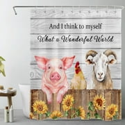 HVEST Funny Pink Pig Shower Curtain for Bathroom Farm Animal Sheep Chicken and Yellow Flower on Gray Bathroom Shower Curtains with Hooks, Farmhouse Retro Bathroom Curtains Shower Set 60x72 inch