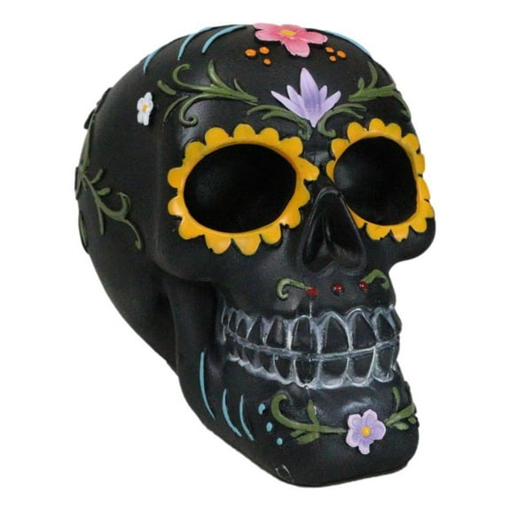 Black Day of The Dead Colorful Sunflowers Floral Blooms Sugar Skull Figurine