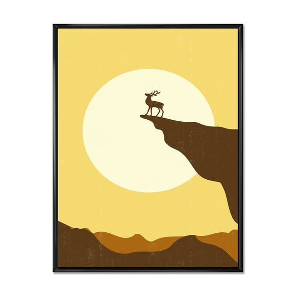 Minimalistic Deer At Sunset On Mountain Top 12 in x 20 in Framed Painting Canvas Art Print, by Designart