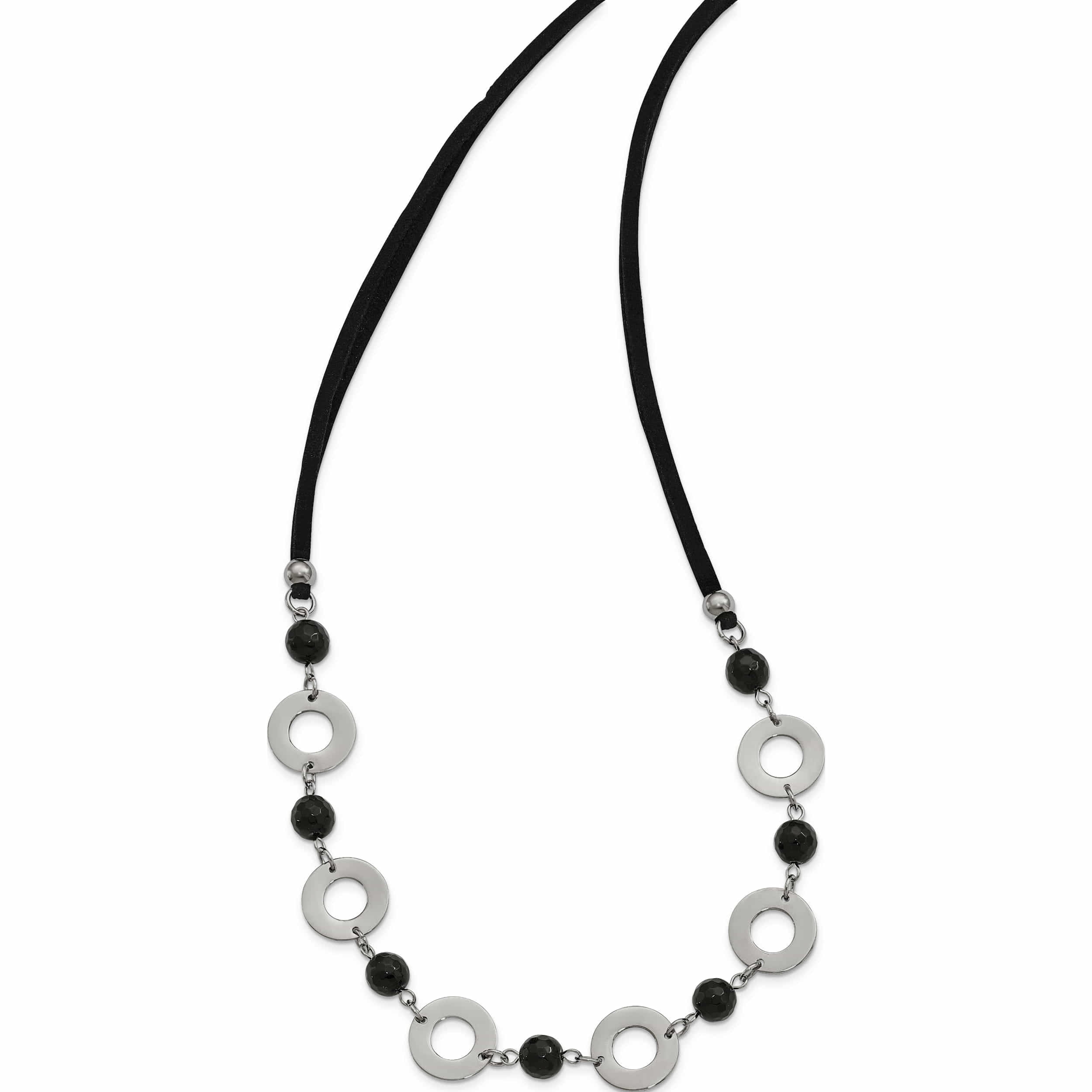 Stainless Steel Polished With Black Agate 1.5In Ext Leather Cord Necklace Made In China -Jewelry By Sweet Pea