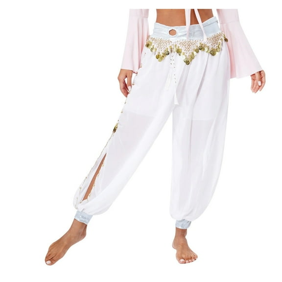 Women Chiffon Belly Dance Harem Pants Sequins Side Split Pants Fancy Dress Beads Tassels Bloomers Trousers for Bellydance