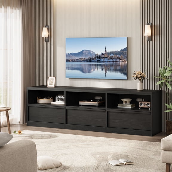 70in Vintage TV Stand for 75 80 85 Inch TV, Mid Century Modern Wood Media Console with Storage Drawer & Open Shelves, Heavy Duty Entertainment Center for Living Room Bedroom