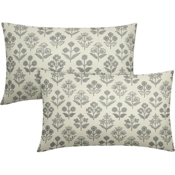 Grey Gray Floral Pillow Covers 12x20 Inch Set of 2, Block Print Lumbar Flower Cream Decorative Throw Pillowcases Outdoor Farmhouse Rectangle Cushion Covers Spring Summer Sofa Couch Bed Decor