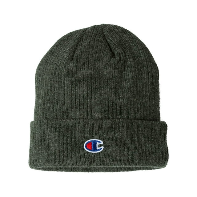 Champion Ribbed Knit Cuffed Beanie in Heather Forest, featuring a ribbed texture and a fold-over cuff with the Champion logo embroidered on the front. One size fits most.