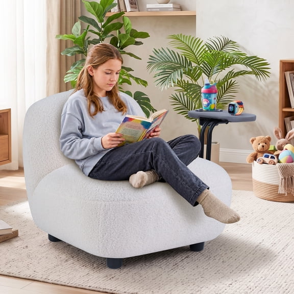 Ebello 22" Kids Accent Chair, Overstuffed Wide Soft Teddy Fabric Armless Toddler Chair With Built-ln Side Tray, Short Solid Legs for Gift, Nursery, Kids Room, Beige