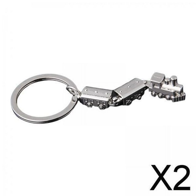 2 x mini llaveros modelo ferroviario plata con anilla; vista frontal centrada de un llavero de aleación con locomotora y dos vagones articulados, acabado metálico pulido y detalles visibles de ruedas y remaches, longitud aprox. 8.9 cm, fondo blanco, paquete de 2 piezas; a menudo usado como detalle decorativo portátil para bolsos o llaves.