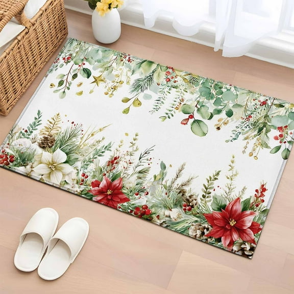 Green Christmas Bathroom Rug Washable 2x3 Entryway Rug Non Slip Xmas Botanical Poinsettia Winter Front Door Mat Low Pile Indoor Doormat Throw Floor Carpet for Kitchen Bedroom Entrance