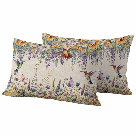 Lumbar Pillow Covers 12 x 20 Inches, Spring Floral Waterproof Throw Pillow Cover Set of 2, Daisy Sunflowers Wisteria Hummingbird Beige Decorative Rectangle Cushion Covers for Patio/Tent/Couch/Garden