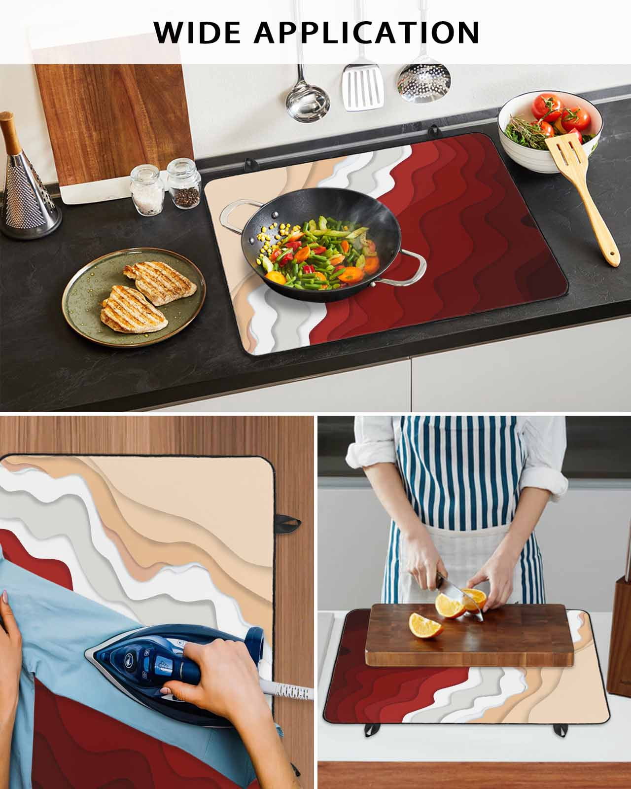 nqOlkjepod Large Induction Cooktop Protector Mat 24"x21", Red Coastal Beach Stove Top Covers for Electric Stove, Farmhouse Abstract Ocean Waves Striped Stove Burner Cover Mats, Glass Top Stove Cover