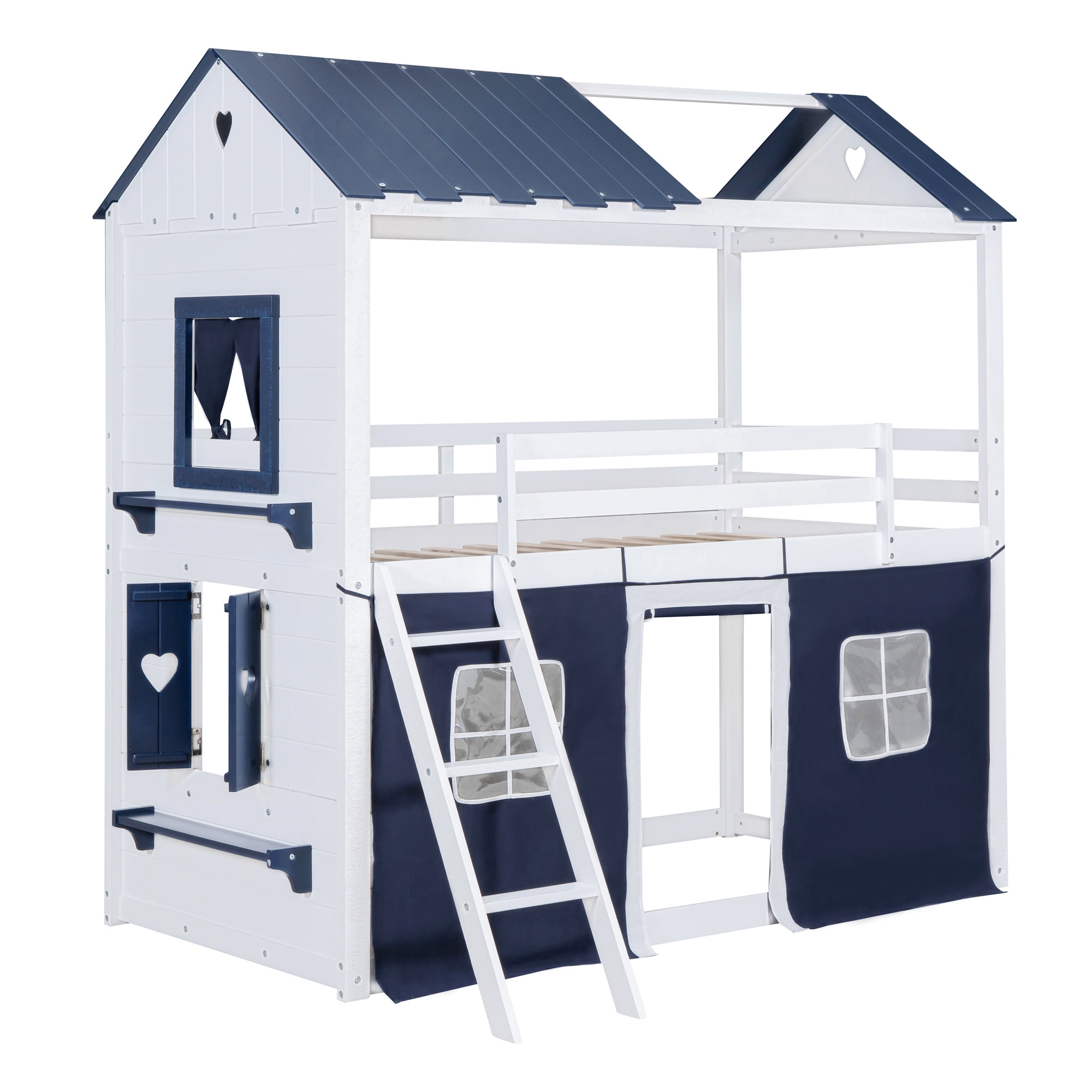 Euroco Twin over Twin Size Bunk Bed, House Bed with Ladder and Tent for Kids Teens, Blue