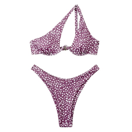 Jjayotai No Boundaries Womens One Shoulder Bikini  Dot Print High Waisted Cheeky Thong Swimwear  Two Pieces Bathing Suit  Women s Swimsuits 2025 Purple~ M