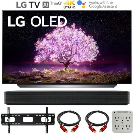 LG OLED77C1PUB 77 inch 4K Smart OLED TV with AI ThinQ (2021) Bundle with LG SK1 2.0-Channel Compact Sound Bar with Bluetooth, 37-100 inch TV Wall Mount Bracket Bundle and 6-Outlet Surge Adapter