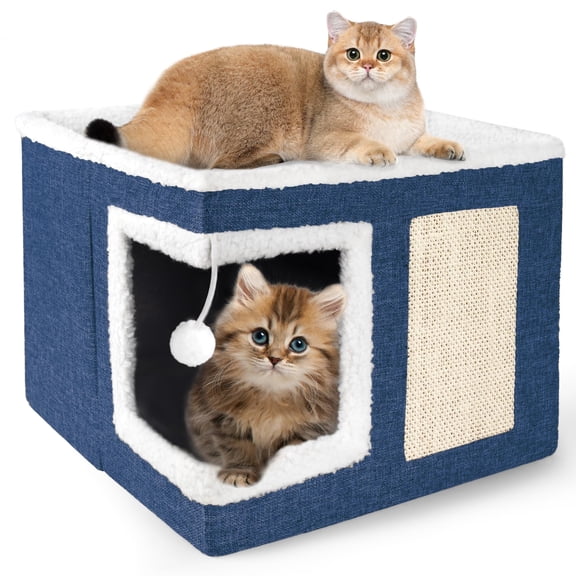 zhaocaijinbao Cat Cave Bed for Indoor Cats, Foldable Hideaway with Scratch Pad & Reversible Cushion, 41×41×32cm,Blue