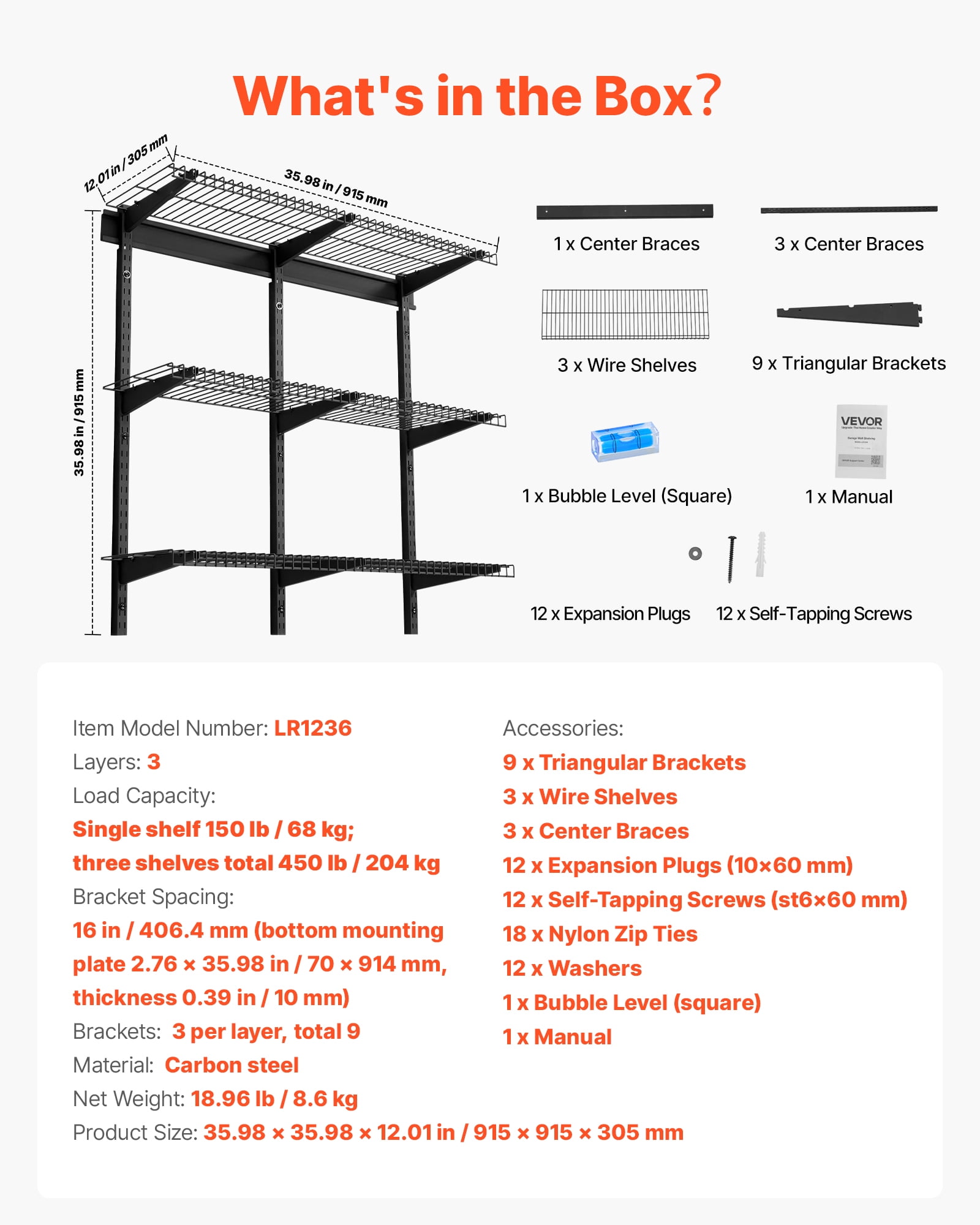 VEVOR 3-Tier Heavy Duty Wall Garage Shelving, 0.9 x 3 ft Steel Wall Mounted Shelving Unit, 11 x 36 Inch Per Shelf Floating Storage Metal Rack for Garage with 450 lbs Total Weight Capacity, Black