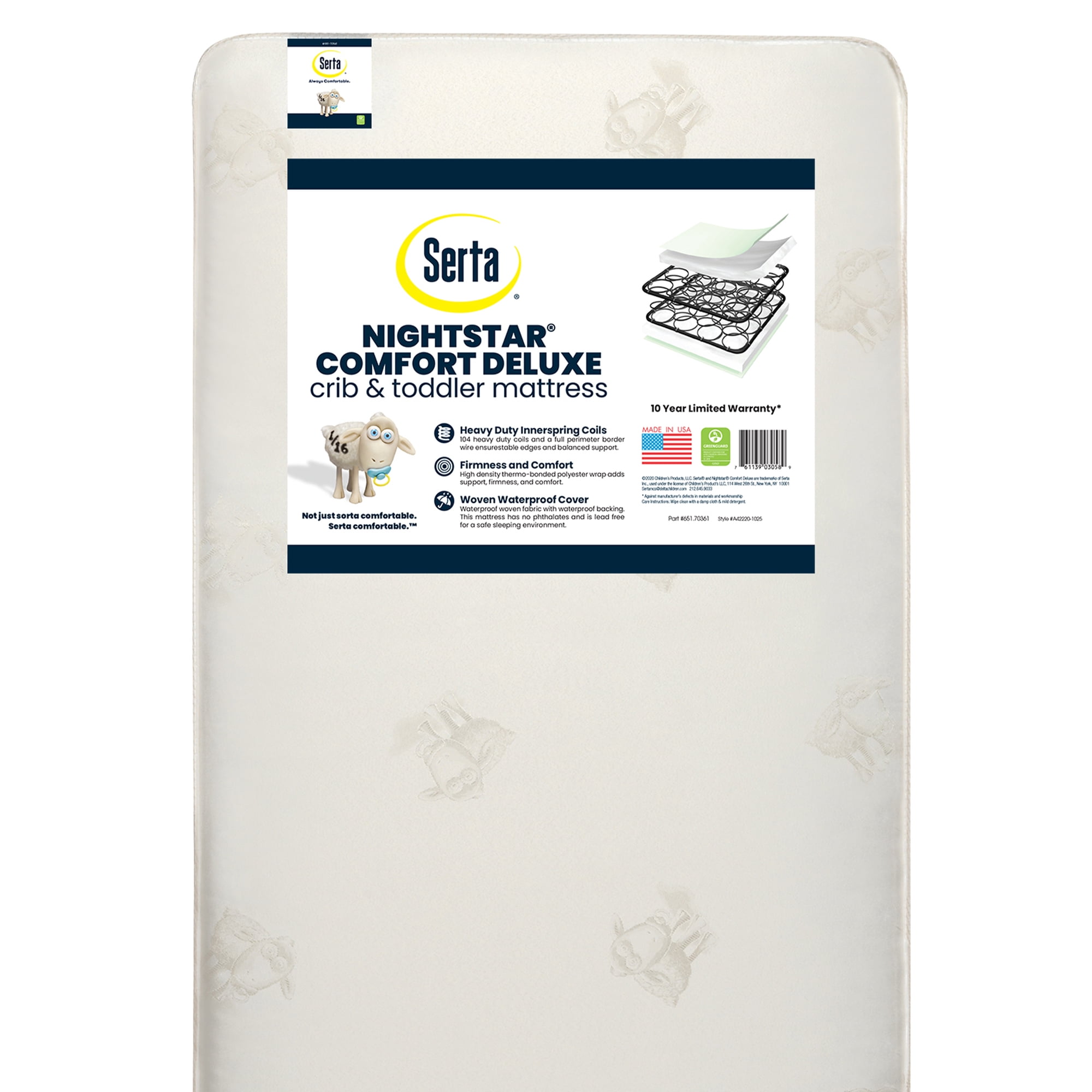 Serta Nightstar Comfort Deluxe 5.25-inch Dual Sided Standard Baby Crib and Toddler Mattress - 104 Coils - Waterproof - Lightweight - GREENGUARD Gold Certified - Limited Lifetime Warranty