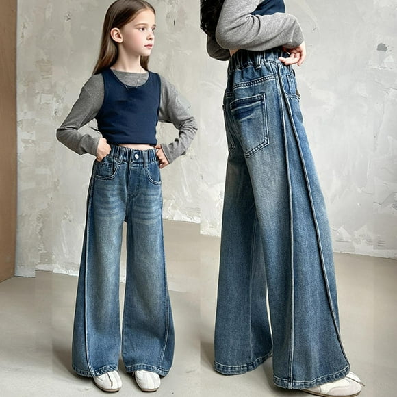MKOSPLRT Jeans à Jambes Larges 5-15 Ans pour Fille Pantalon en Denim Jambe Droite Ample Taille Haute Élastique Rétro Jenas Usé Y2K Jeans avec Poche