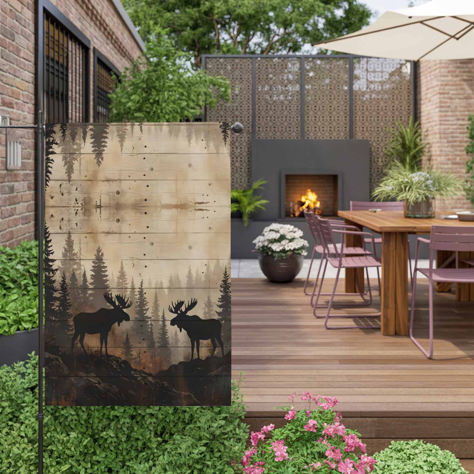 Nature Landscape House Flag 28 x 40 Inches, Rustic Moose Forest Pine Silhouettes Wildlife Weather Proof Outdoor Patio Flags Double Sided Small House Decoration for Yard Lawn Outside Home