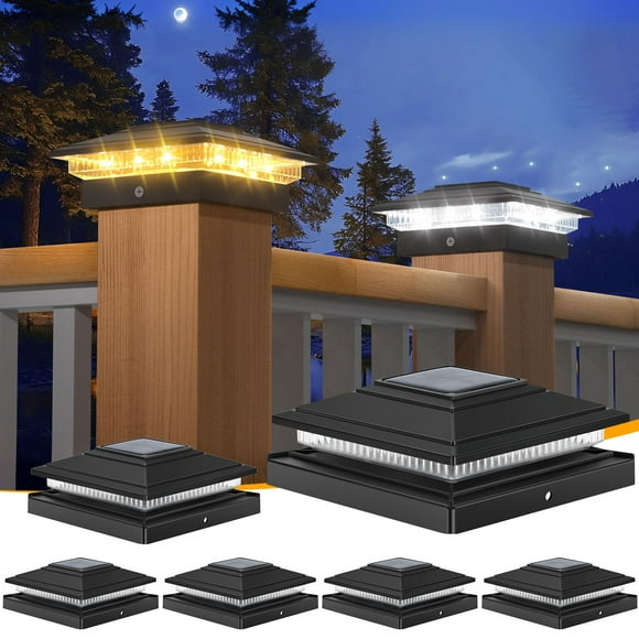 APONUO Solar Post Cap Lights Outdoor 6 Pack, Warm White/Cool White IP65 Waterproof Outdoor for 4X4 6x6 Wood & 4X4 5x5 Vinyl Posts, Auto On/Off Deck Fence Garden Patio Lig