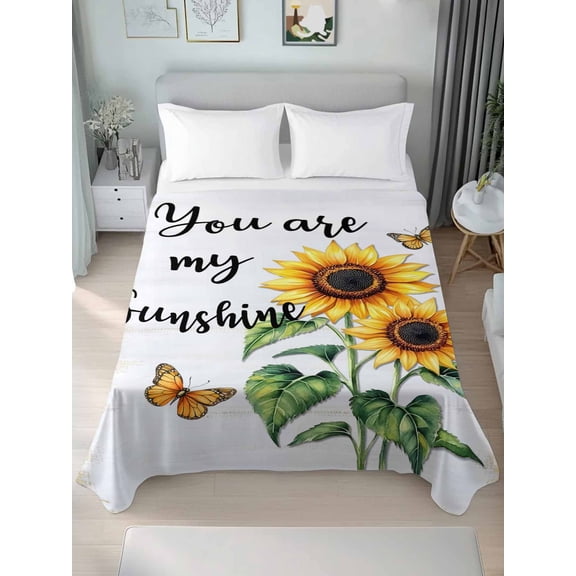 Yellow Sunflower Queen Size Flat Sheet, Wrinkleproof & Fadeproof Cooling Flat Bed Sheet Only, Butterfly Sunshine Farmhouse Country Breathable Soft Bedding Top Sheets 90 x 102 Inches