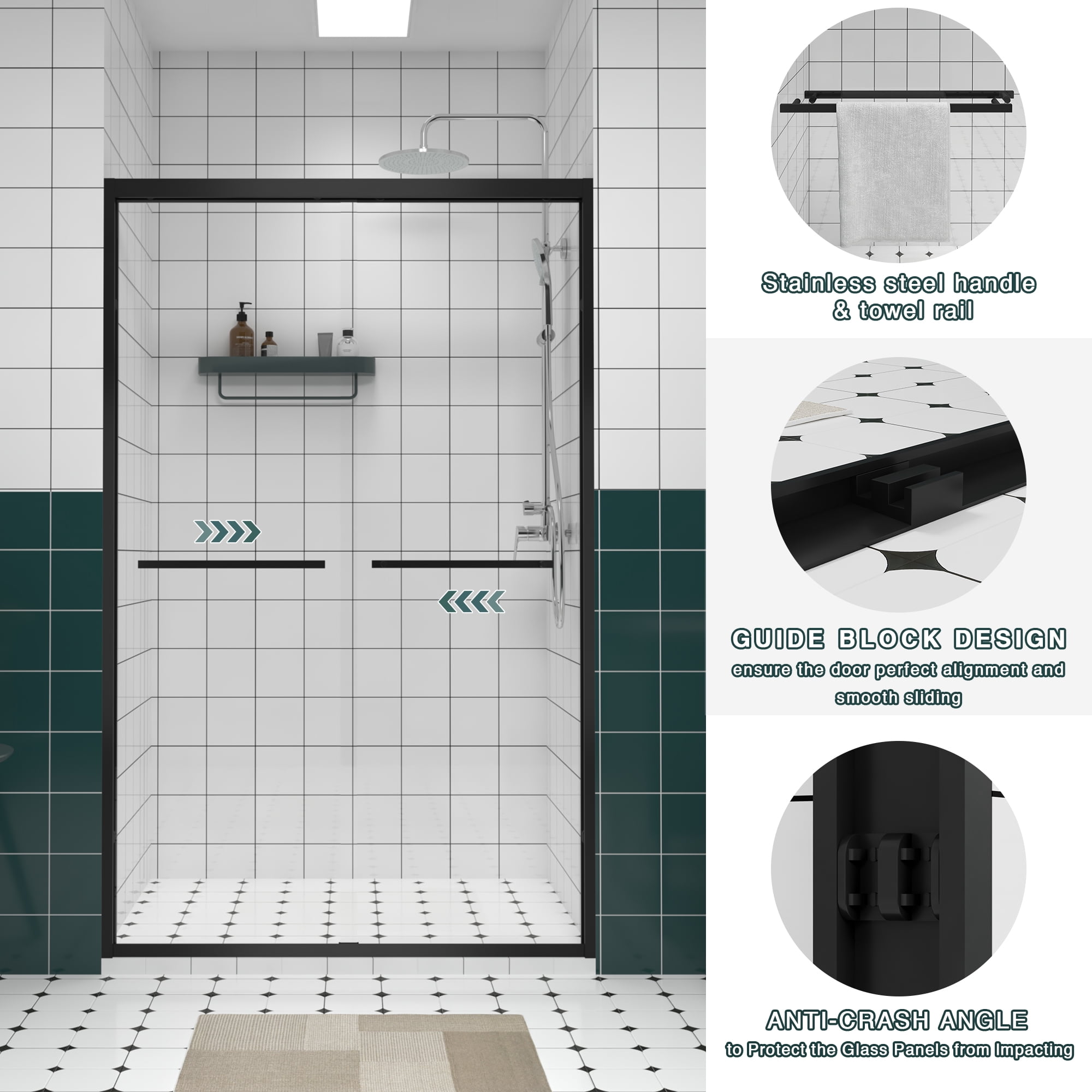Leumius 44-48"x76" Double Sliding Shower Door,Aluminum Frame,Premium 1/4" (6mm) Clear Tempered Glass, Black Hardware Sliding Glass Shower Enclosure,Matte Black Finished
