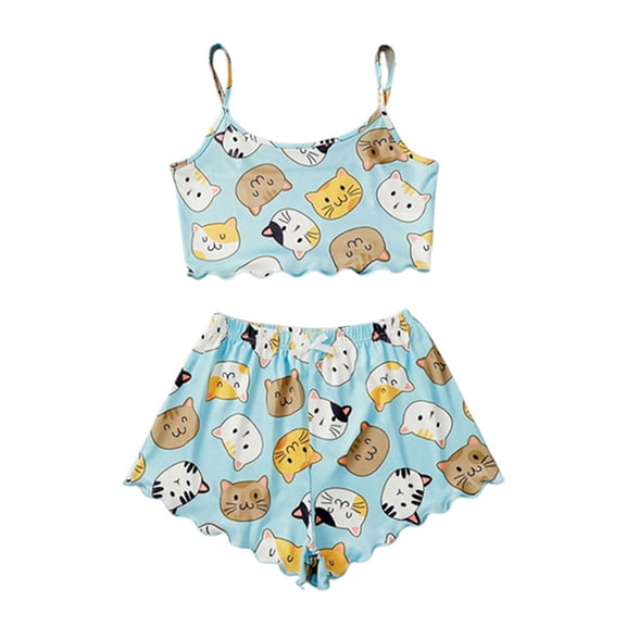 Glisme Pajamas For Women Set Printing Sleepwear Pjs Set Sleeveless Cami Shorts Slim Sleepwear Set Soft Mint Green Nightwear