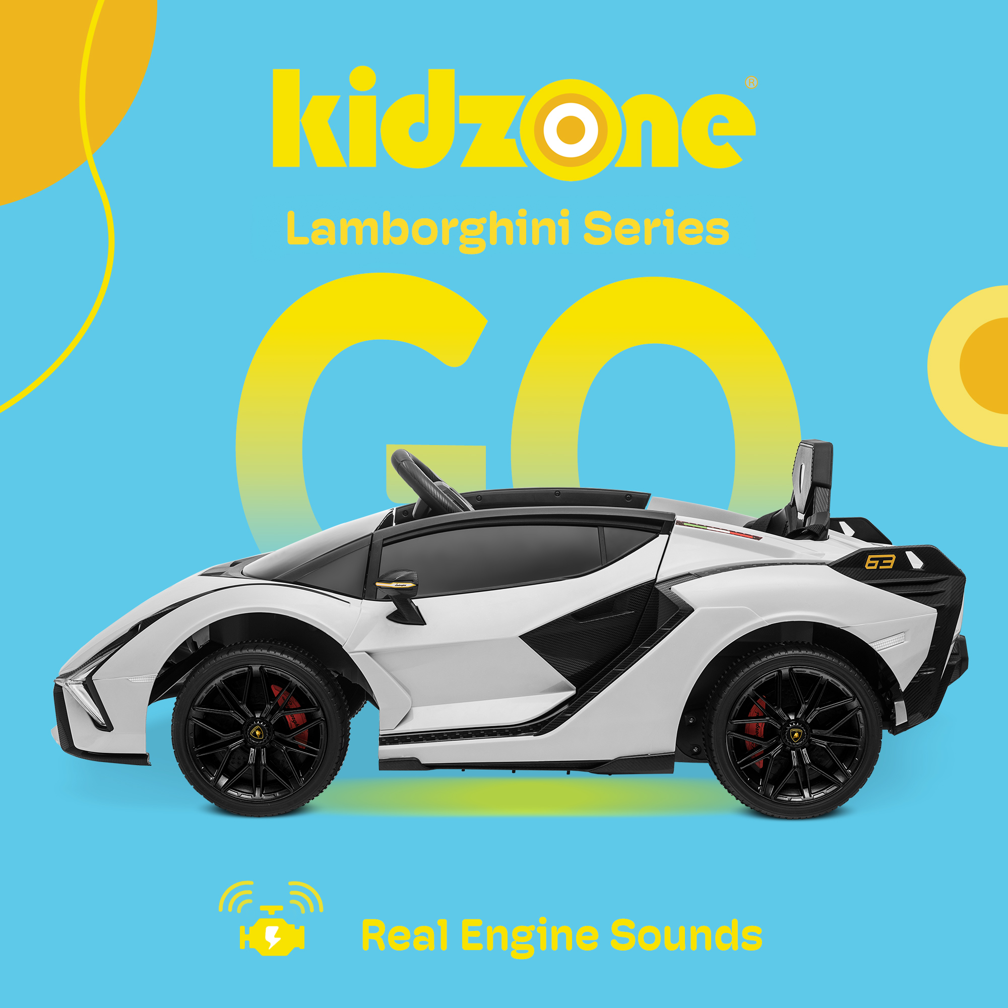 Kidzone Kids 12V Electric Ride On Licensed Lamborghini Sian Roadster Motorized Sport Vehicle With 2 Speed, Remote Control, Wheels Suspension, LED lights, USB/Bluetooth Music, Engine Sounds, White - image 2 of 6