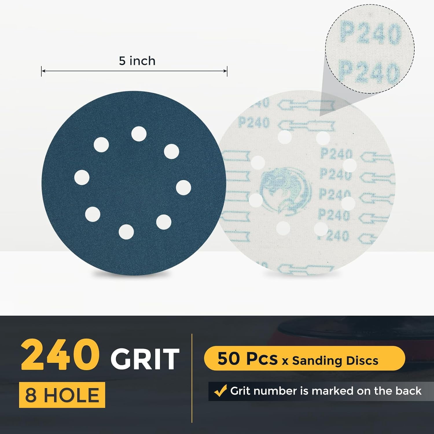 FRKSMD-50 Pcs 5 Inch Sanding Disc 8 Hole 240 Grit Hook and Loop Sandpaper Random Orbital Sander Pads for Woodworking, Metal, Stone Grinding and Polishing, Blue, Zirconia