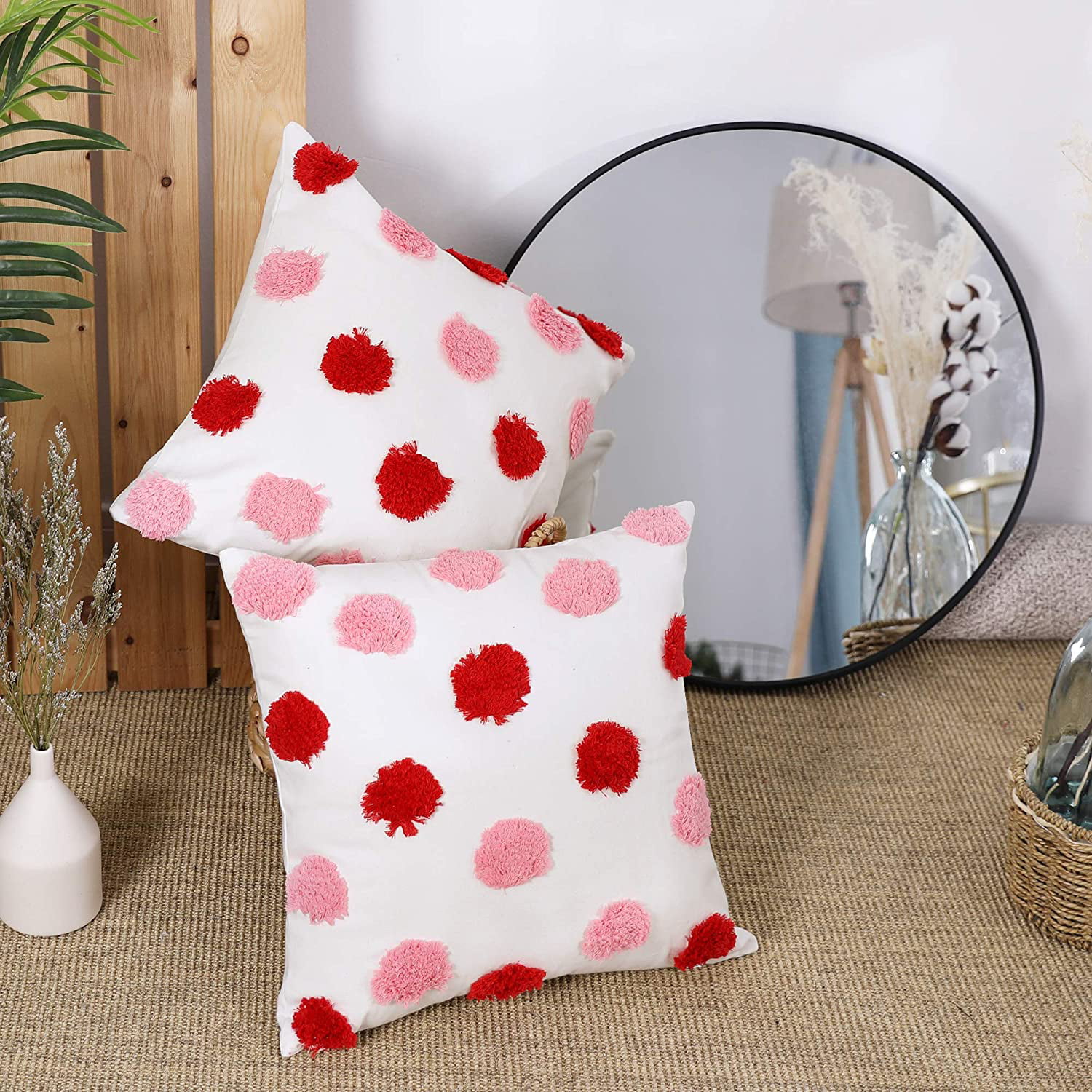 Deconovo Boho Decorative Tufted Throw Pillow Cover Pompoms Pillowcase Pink and Red Set of 2 18 x 18 Inch Cotton Linen Decorative Pillows Cushion Covers 