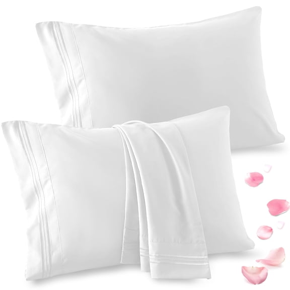 Luxury Pillow Cases Standard Size 2 Pack, 1800 Thread Count Microfiber Pillow Covers 20x26 Inch, Embroidered Hotel Quality Bedding with Envelope Closure for Cool Sleep, White