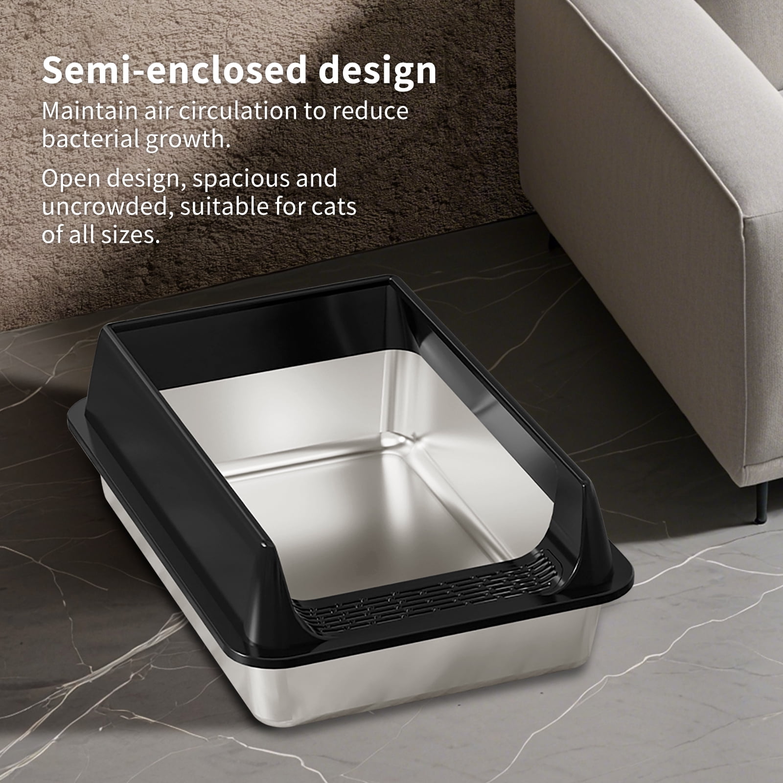 Large Stainless Steel Cat Litter Box, Semi-Enclosed Design with Sand Pedal, Easy Clean Rust-Proof Litter Tray for All Cat Breeds