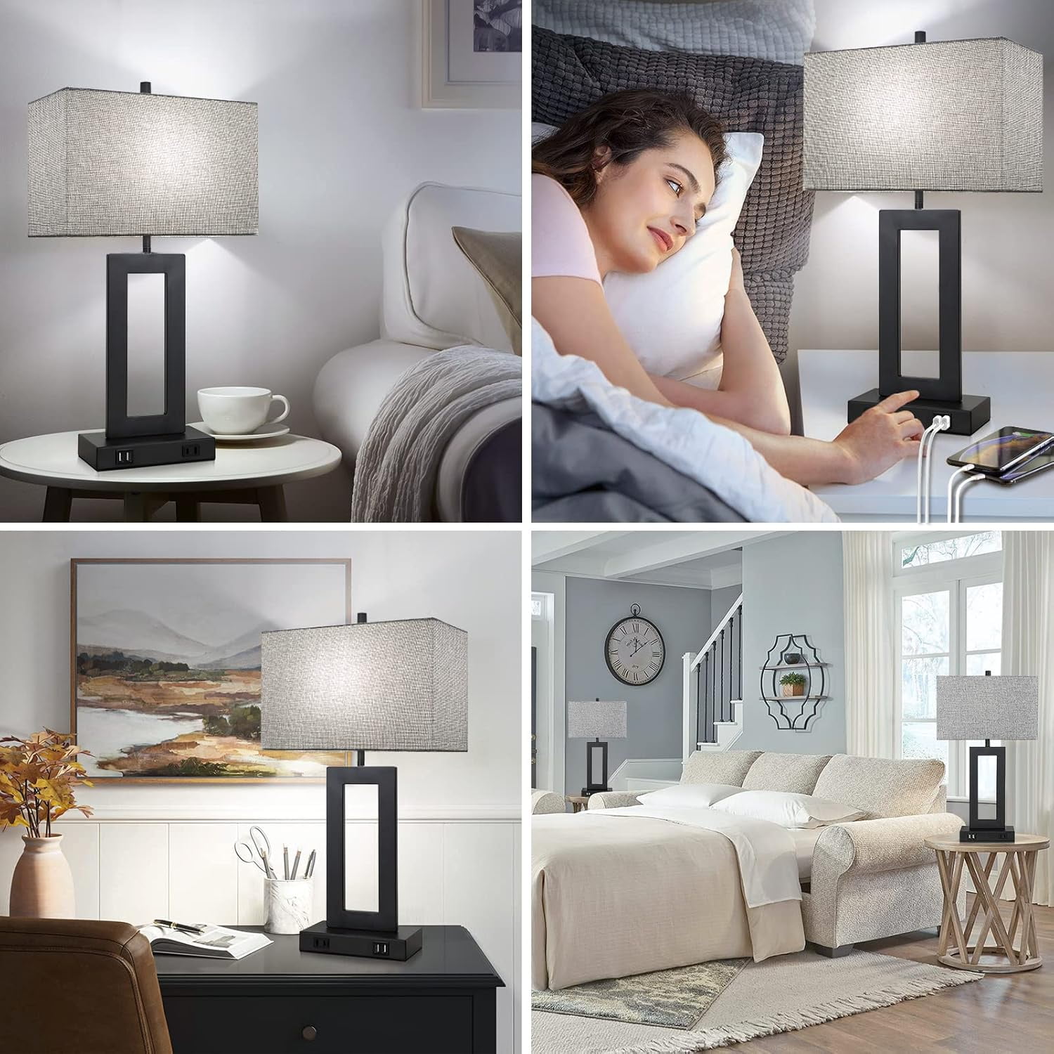 Nordic Hygge Set of 2 Touch Control Dimmable Table Lamp with 2 USB Ports, Grey Shade