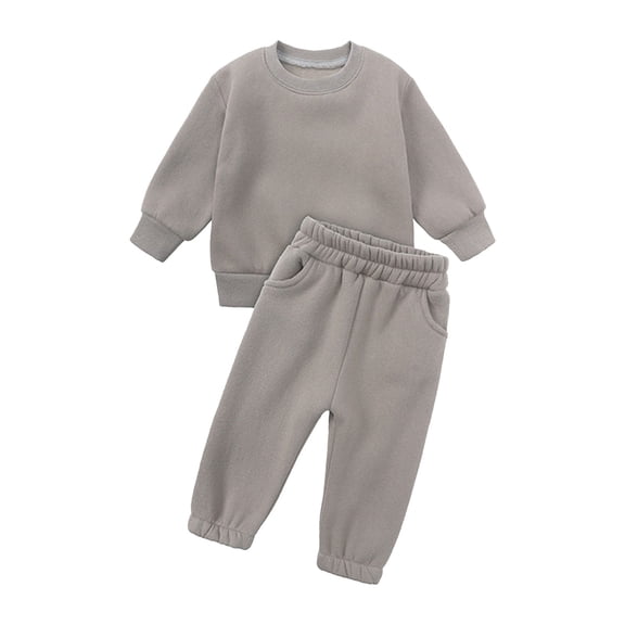 CPNG Kids Toddler Girl Boys Fleece Lined Sweatsuit Outfits Long Sleeve Solid Color Crew Neck Tops Sweatshirt Pants Casual Outfits Set(Khaki,6-7 Years)