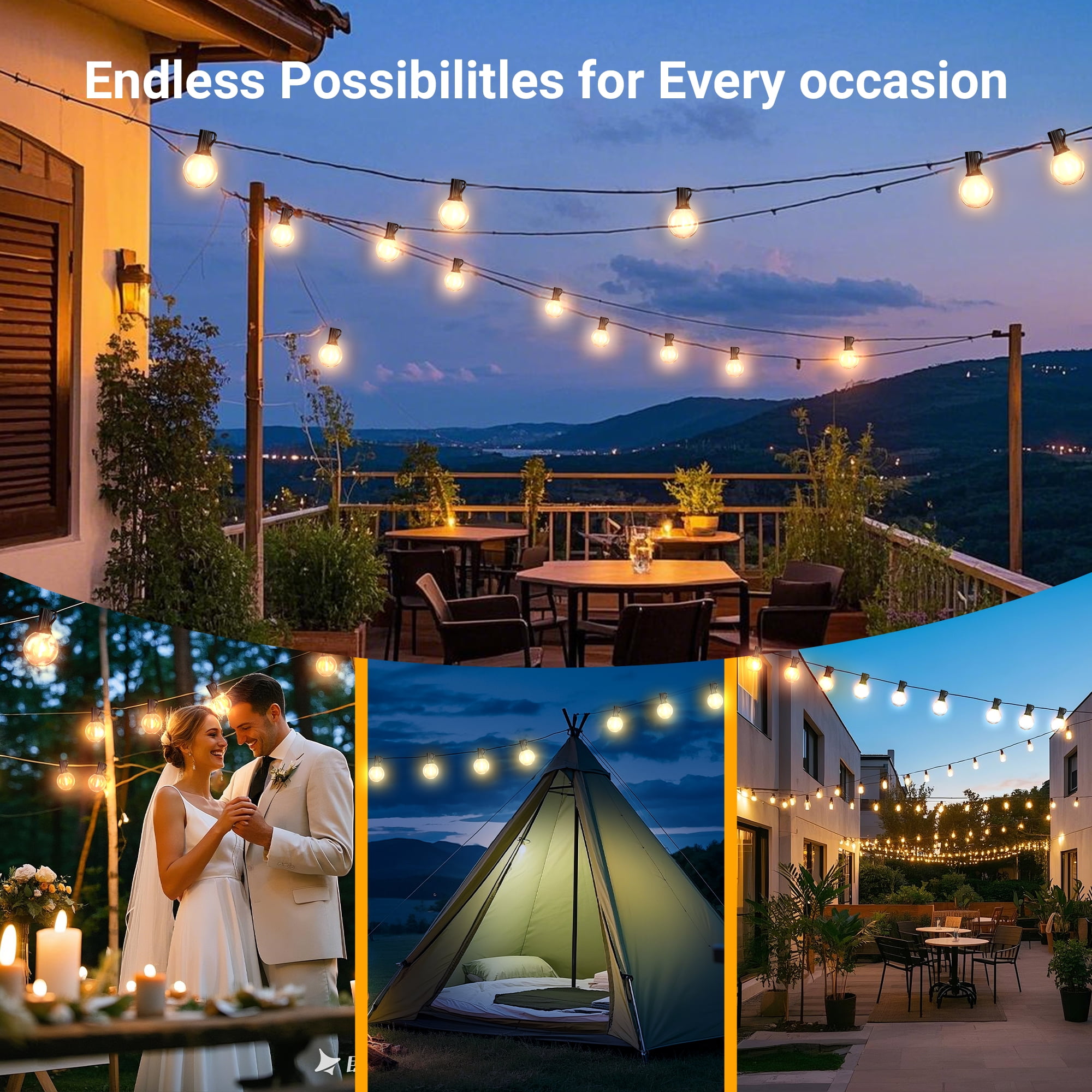 DAYBETTER Solar Outdoor Lights, 50FT Solar Powered Patio String Lights with 25 G40 Shatterproof Bulbs, Waterproof Hanging Lights for Backyard Garden Decor