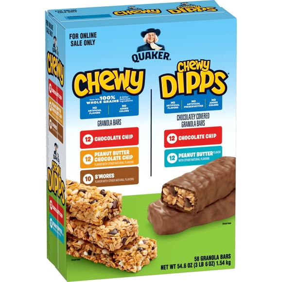Quaker Chewy Granola Bars and Dipps Variety Pack, Individually Packaged Granola Bars, 58 Count Box