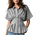 thumbnail image 2 of TGSLY Women's Peplum Striped Shirts Lightweight Thin Collared Button Down Blouses Dressy Casual Batwing Short Sleeve Pleated Waist Tops XL, 2 of 6
