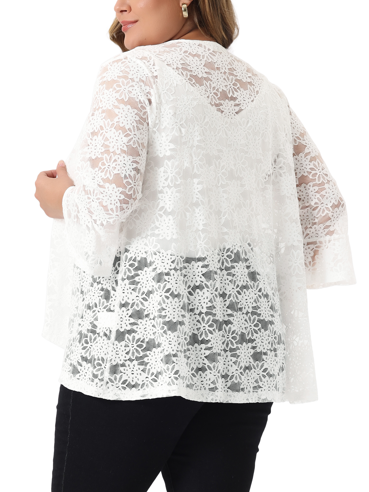 DARING DIVA Women's Plus Size Open Front 3/4 Sleeve Sheer Lace Cardigan 3X White