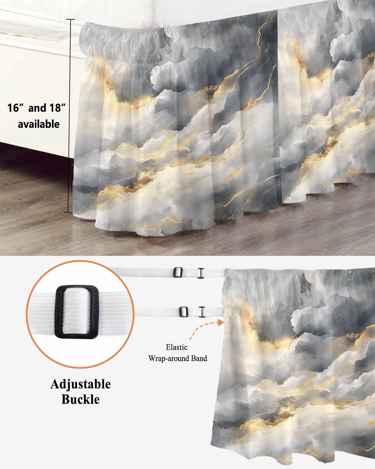 Grey Marble Wrap Around Bed Skirts for Queen Bed 16" Drop,Bed Skirt with Adjustable Elastic Belt Dust Ruffle Bed Valance for Bedroom Hotel Modern Abstract Ink Painted Aesthetics Bed Frame Cover