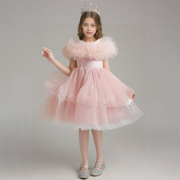 ZHOGXU Infant Kids Girls Dress Sleeveless Round Neck Sequins Mesh Fashion Comfortable Tutu Dresses For Formal Evening Party,Pink,A