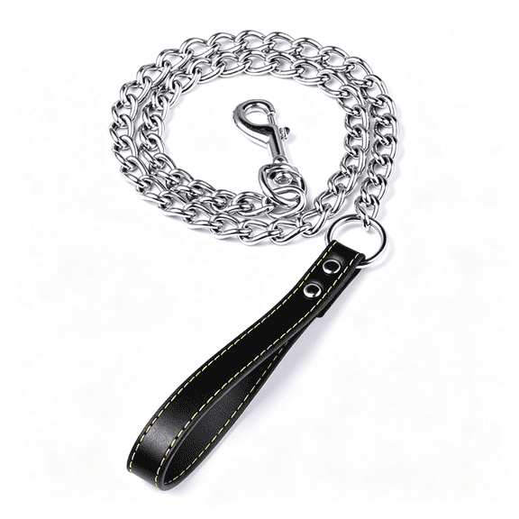GASTROPOD Chain Dog Leash with Leather Handle 4 Feet Heavy Duty Dog Leash Black