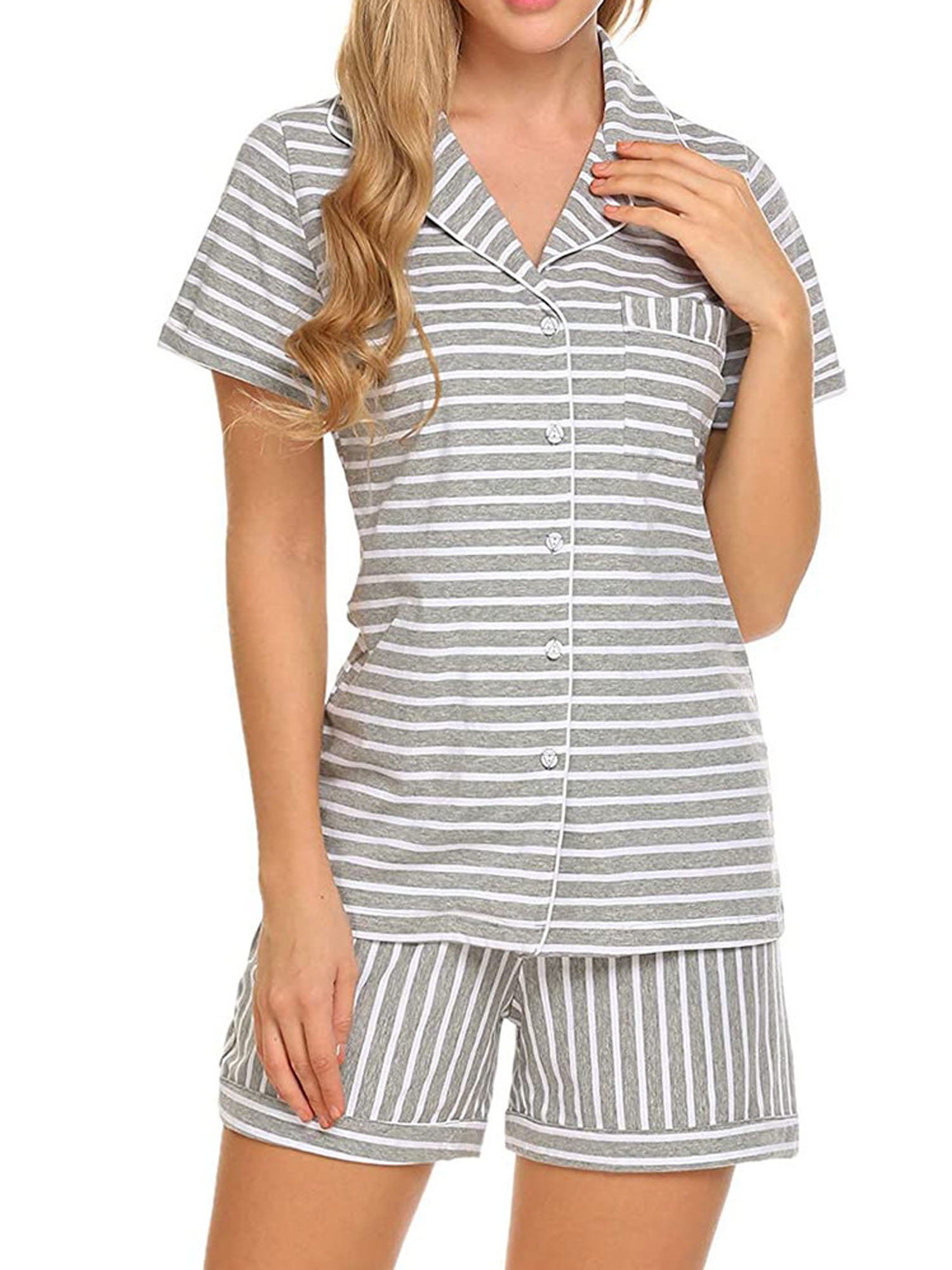 YAMTHR Summer Women Pajamas Set Long Sleeve Tops Elastic Drawstring Shorts Pant PJ Set 2 Piece Sleepwear Casual Nightwear