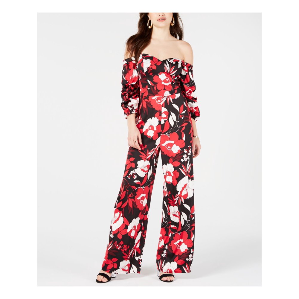 GUESS GUESS Womens Black Ruffled Floral 3/4 Sleeve Off Shoulder Body