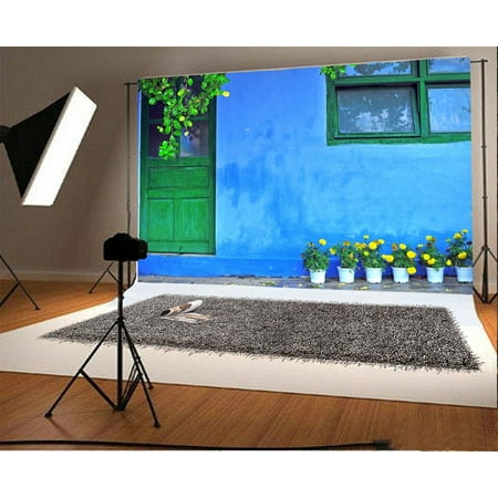 MOHome Polyster 7x5ft Photography Backdrop Sahbby Chic Outdoor Yard Painted Green Door Blue Wall Windows Flowers Scene Photo Background Children Baby Adults Portraits