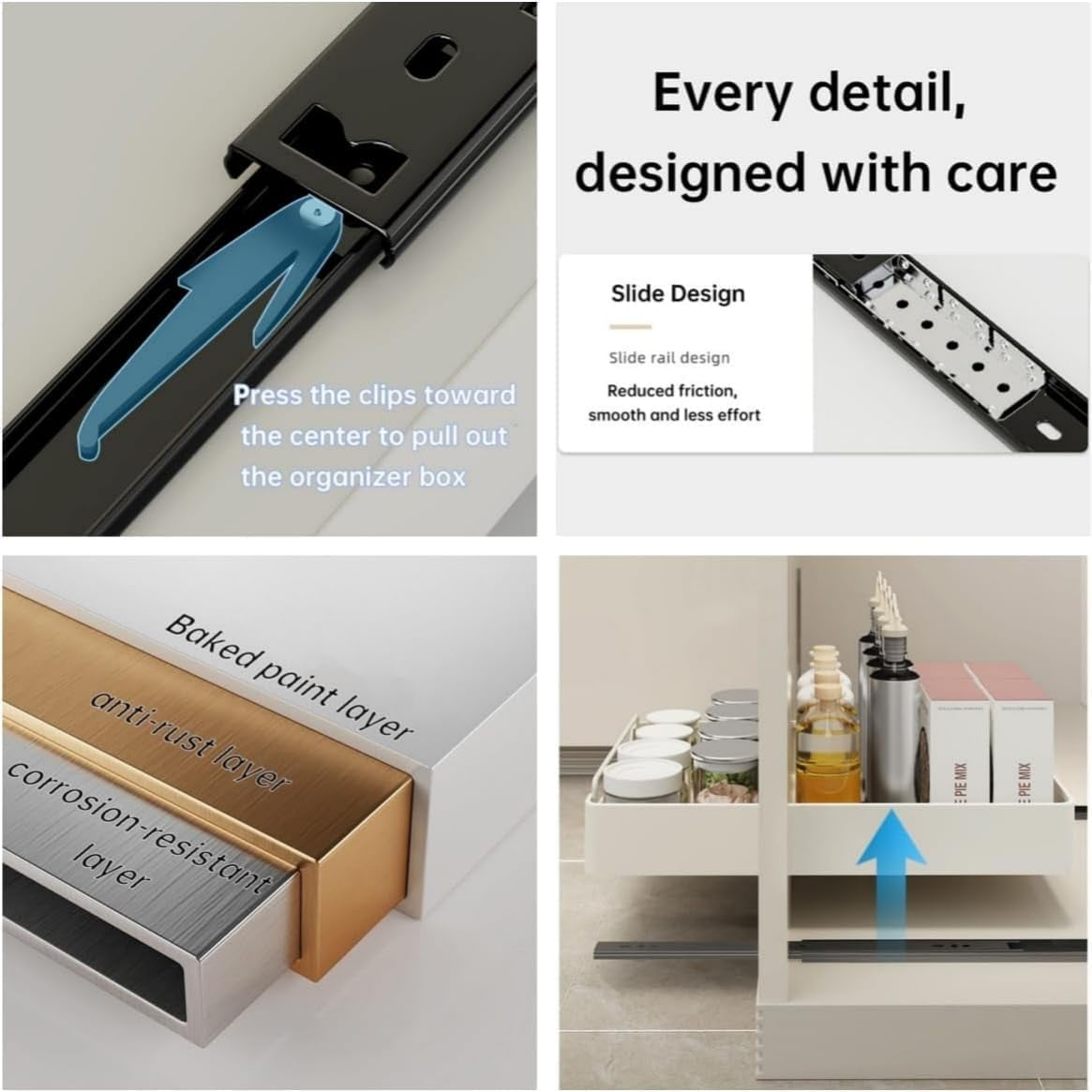 Pull Out Cabinet Organizer, Pull Out Telescopic Kitchen Drawer, No Drill Extendable Sliding Shelf and Storage for Kitchen, Cupboards, Pantry, Bathroom