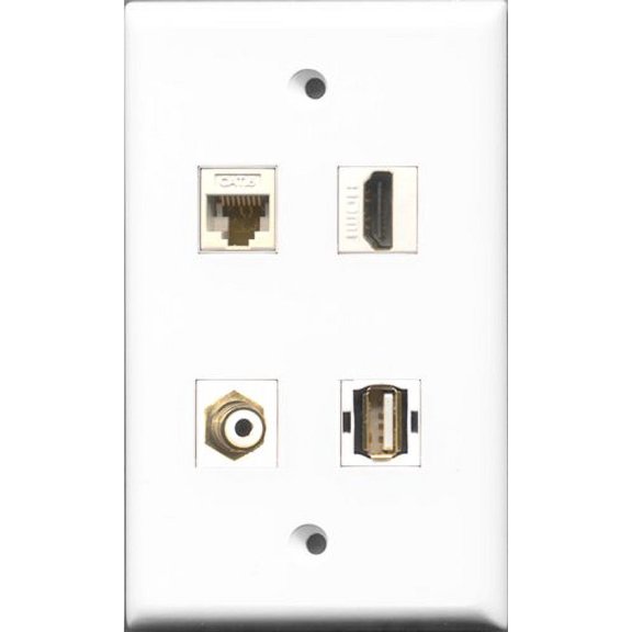 RiteAV 1 Port HDMI and 1 Port RCA White and 1 Port USB A-A and 1 Port Cat6 Ethernet White Wall Plate