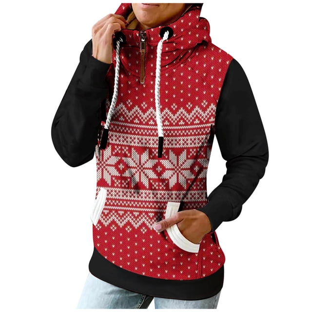Col Roulé de Noël Femmes Col Roulé à Empiècements Imprimé de Noël Décontracté Manches Longues à Capuche avec Poche Chandails Molletonnés à Enfiler