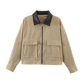 thumbnail image 4 of Unir Leather Collar Corduroy Bomber Jacket for Women, Zip Front, Relaxed Fit Casual Outerwear with Patch Pockets, 1 Piece, XS-L, 4 of 5